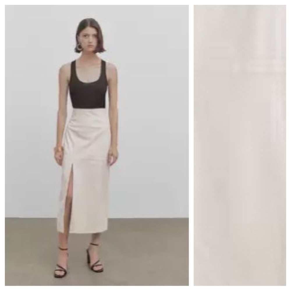 NWT. Massimo Dutti Studio Off White Leather Midi Skirt with Front Slit Size XS.